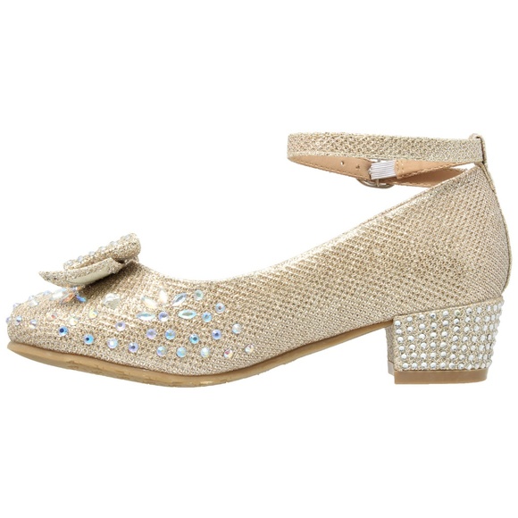 Kids Gold Glitter Rhinestone Bow Low Heel MARY-50 - Picture 3 of 6